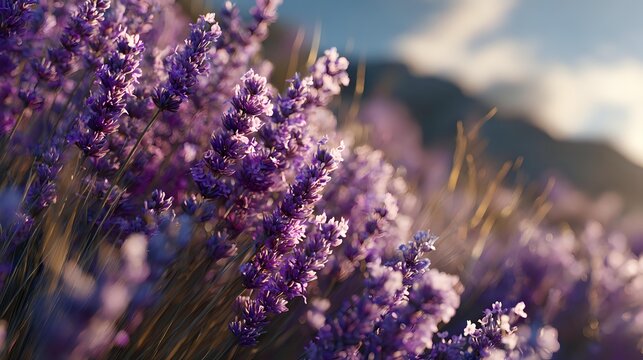 Purple lavender flowers blooming in field at sunset, soft focus close-up view with blurred background creates dreamy atmospheric nature scene. - Powered by Adobe