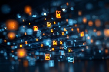 Abstract digital display with glowing locks and data icons over blurred background, concept for cybersecurity infrastructure, data privacy and secure network solution