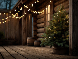 Cozy Christmas tree with warm string lights on rustic wooden porch beside log cabin, festive evening atmosphere with bokeh bulbs and natural evergreen glow