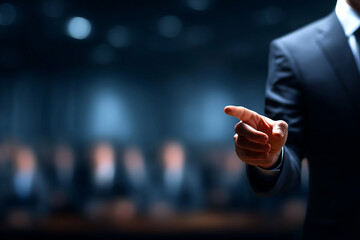 Business leader giving presentation with confident gesture in corporate setting