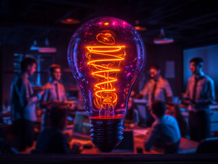 Bright light bulb glowing with creative ideas in modern office setting