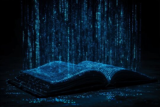 Open book illuminated by a cascade of digital binary code on dark background. Concept for technology learning, digital transformation and virtual education