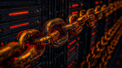 Blockchain technology represented with glowing chains and servers, symbolizing data security