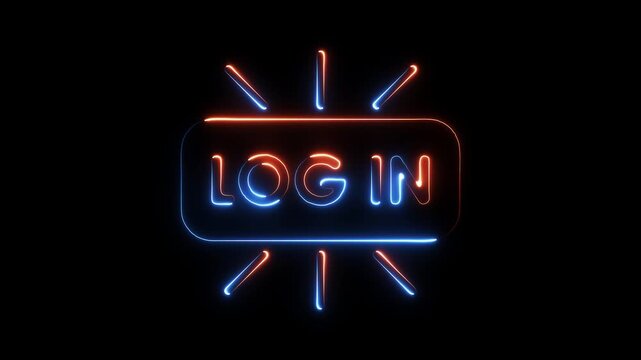 Glowing neon login text with radiating light beams on black background dynamic digital access authentication secure