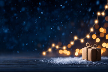 Festive gift box snowy surface with blurred lights background creates warm holiday atmosphere