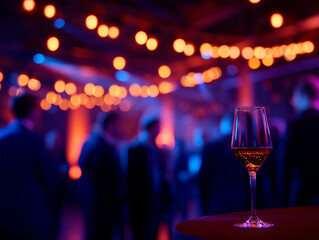 Elegant networking event with glass of wine focus, surrounded by vibrant lights and blurred