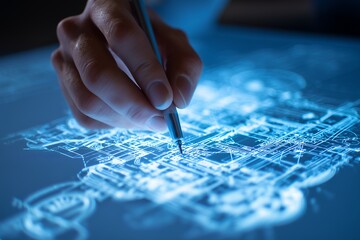 Hand with pen drawing detailed blue glowing architectural plan on interactive display, concept for urban planning, technology innovation and futuristic engineering