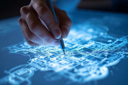 Hand with pen drawing detailed blue glowing architectural plan on interactive display, concept for urban planning, technology innovation and futuristic engineering - Powered by Adobe
