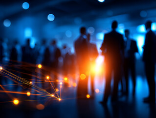 Networking event with professionals suits, illuminated by blue and orange lights, creating