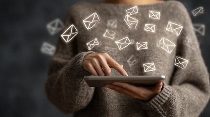 Woman using digital tablet with floating email icons, concept for digital communication, business correspondence and online marketing promotions