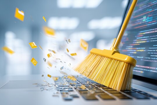 Bright yellow broom sweeping floating digital file icons from a laptop keyboard, concept for data cleansing, system optimization and cybersecurity vulnerability removal