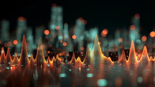 Abstract data visualization with glowing lines and blurred city background, concept for financial analysis, technology trends and statistical reporting