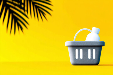 Eco friendly shopping basket with bottle on vibrant yellow background, promoting sustainability