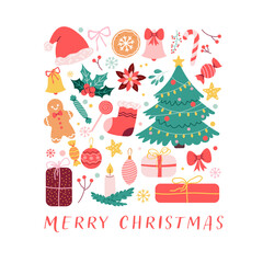 Merry Christmas Card. Cute Printable Holiday Card with Tree and Gifts. Hand Drawn Vector Illustrations
