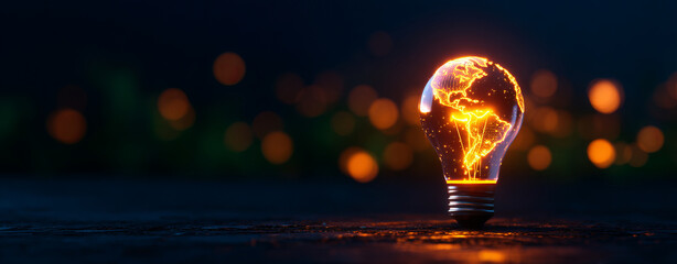 Glowing light bulb with world map design symbolizes innovation and sustainability