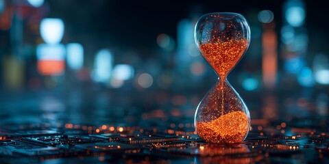Hourglass filled with glittery liquid on a circuit board against a blurred city backdrop, concept for time management, technological advancement and future business trends