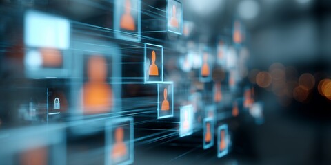 Abstract digital illustration of interconnected user profile icons with a lock icon, security. Concept for data protection, cybersecurity and privacy network visualization