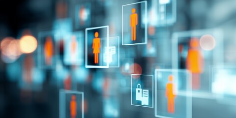 Abstract digital display of orange stick figures on blue background with bokeh, concept for human resources analysis, employee management and talent acquisition