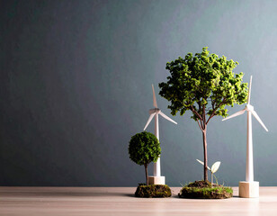 Sustainable energy model with trees and wind turbines representing green initiatives