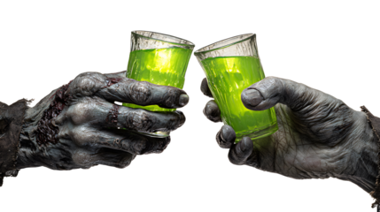 Zombie Hands Toasting with Green Drinks for Halloween Celebration.