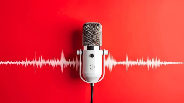 A white microphone against a red backdrop displays a soundwave. Focus on audio recording