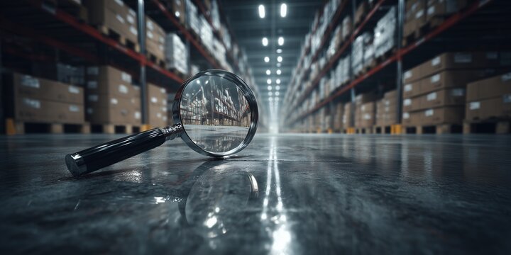 Magnifying glass reflecting warehouse interior with shelves full of cardboard boxes in focus, concept for inventory management, supply chain visibility and quality control assessment