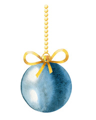 Watercolor holiday ornament.  Tree blue ornament with bow isolated on  white background. New years ball.