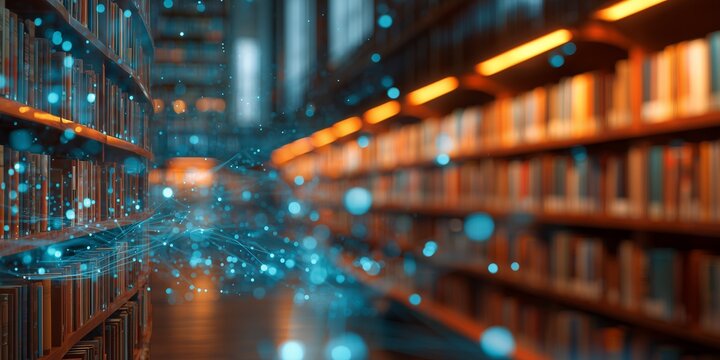 A vast library setting with shelves overflowing with books, overlaid with digital network visualization, concept for information technology, advanced learning and data science future