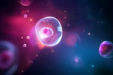 Colorful microscopic view of cells in vibrant cosmos-inspired environment