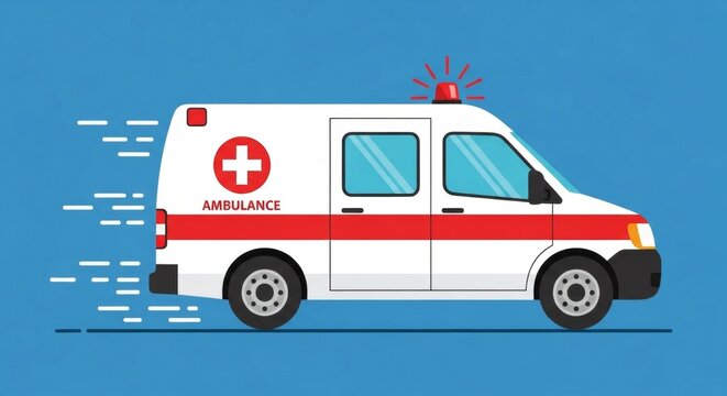 Animated ambulance on blue background with motion lines and red alert light