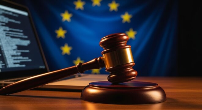 Gavel and laptop with european union flag symbolizing digital law and justice