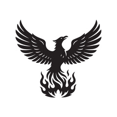 Silhouette of phoenix rising, white background.