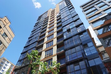 Fototapeta premium Modern glass residential building with balconies and windows against a blue sky with some clouds