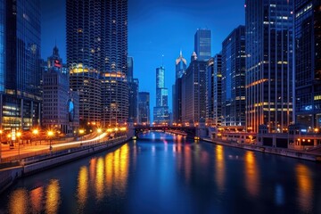 Obraz premium The chicago riverwalk reflects the city lights at twilight, creating a colorful scene with blurred traffic