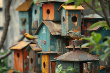 Small colorful bird perching on rusty birdhouse surrounded by many other colorful birdhouses