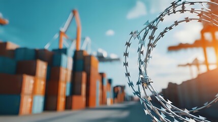Razor wire security barrier at industrial shipping container port during sunset, with blurred cargo containers and cranes in background, highlighting trade security.