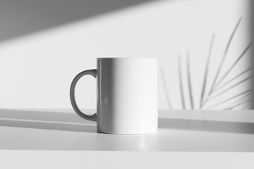 White coffee mug mockup, shadow overlay, sunlight