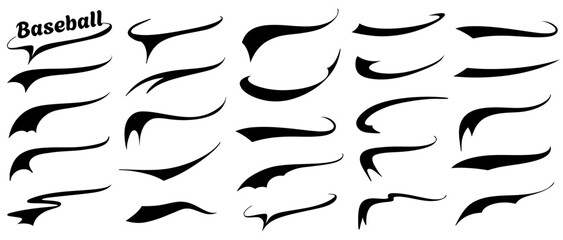 Typography font swoosh text tails for baseball and athletics. Retro underline swash strokes for lettering design.