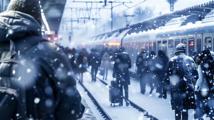 雪の降る駅での人々の風景