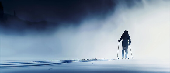 雪原を歩くスキーヤーのシルエット