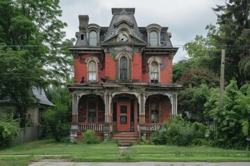 Crumbling red brick victorian house showing signs of decay and neglect, surrounded by overgrown weeds and vegetation