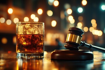 A gavel and glass of whiskey on a bar, symbolizing a drunk driving court case