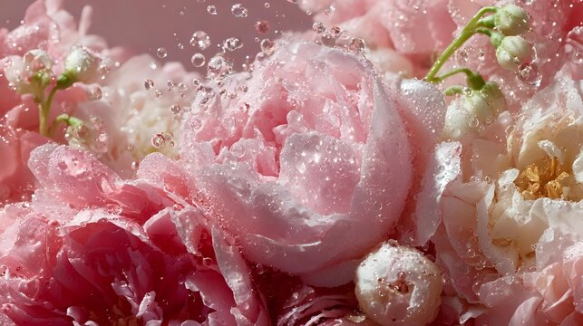 Pink and cream peonies with water drops and bubbles in soft dreamy macro photography, romantic floral composition with delicate petals and morning dew.