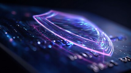 Digital shield hovering over a credit card, glowing holographic lines, blue and purple light, fintech data background, cybersecurity protection concept