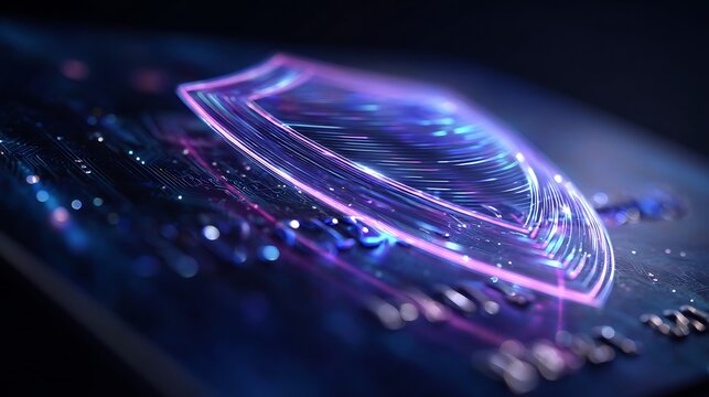 Digital shield hovering over a credit card, glowing holographic lines, blue and purple light, fintech data background, cybersecurity protection concept