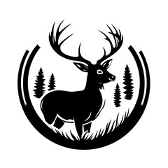 majestic deer silhouette in a forest clearing, framed by a stylized circular border
