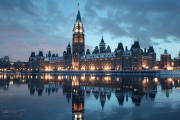 Obraz premium Parliament hill's iconic architecture lights up the winter twilight, reflecting beautifully on the frozen ottawa river