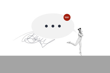 Composite photo collage of happy pretty girl jump text box notification popular social media correspondence isolated on painted background