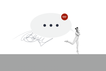 Composite photo collage of happy pretty girl jump text box notification popular social media correspondence isolated on painted background