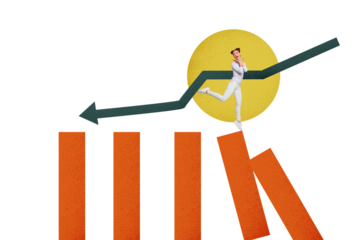 Composite photo collage of astonished businesswoman stand chart fall arrow decline recession statistics isolated on painted background